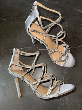 Jewel Badgley Mischka Silver Crystal-Strap Stiletto Sandals